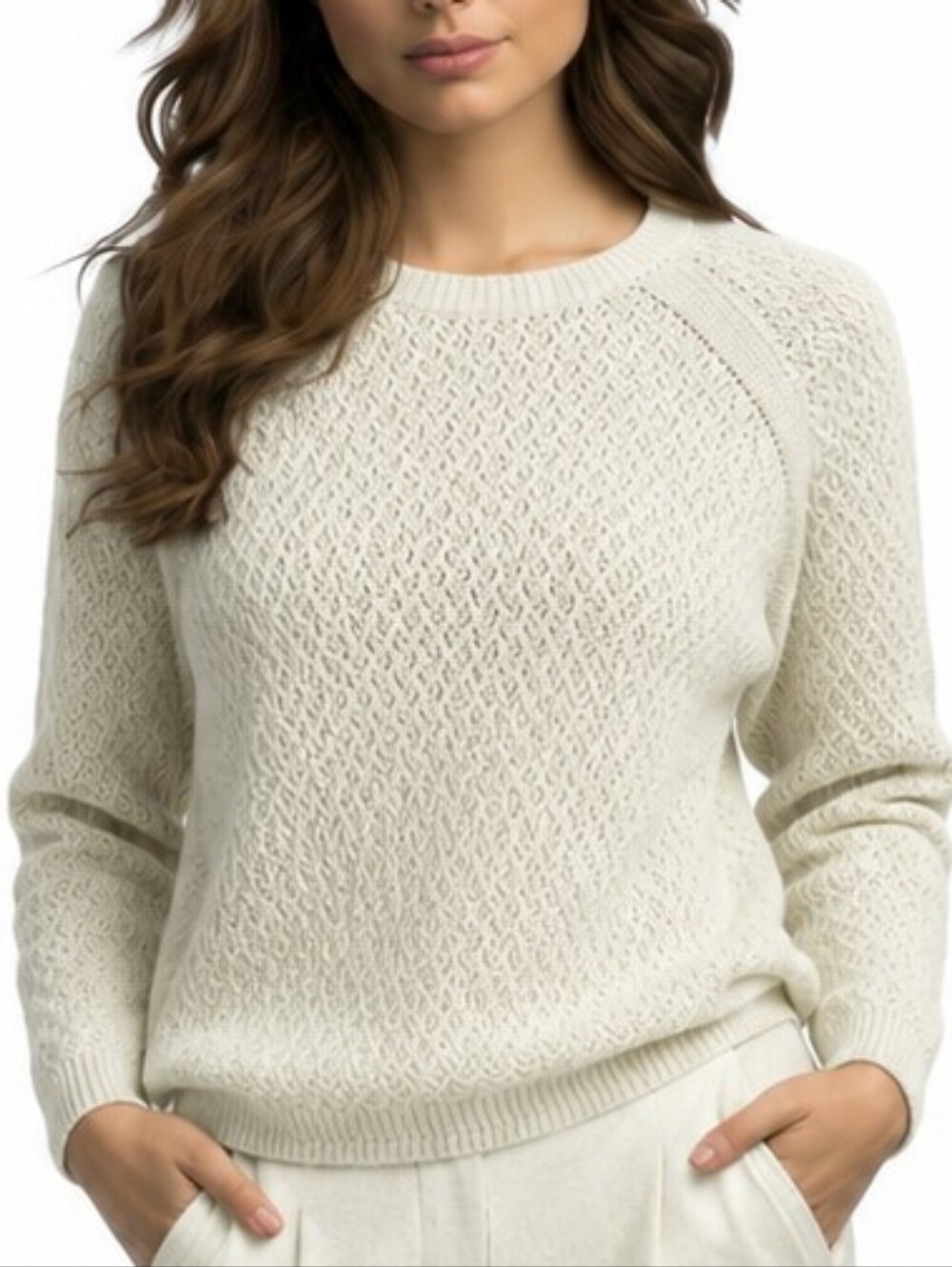 Jones New York Signature Crochet Knit Crewneck Sweater - Light Yellow